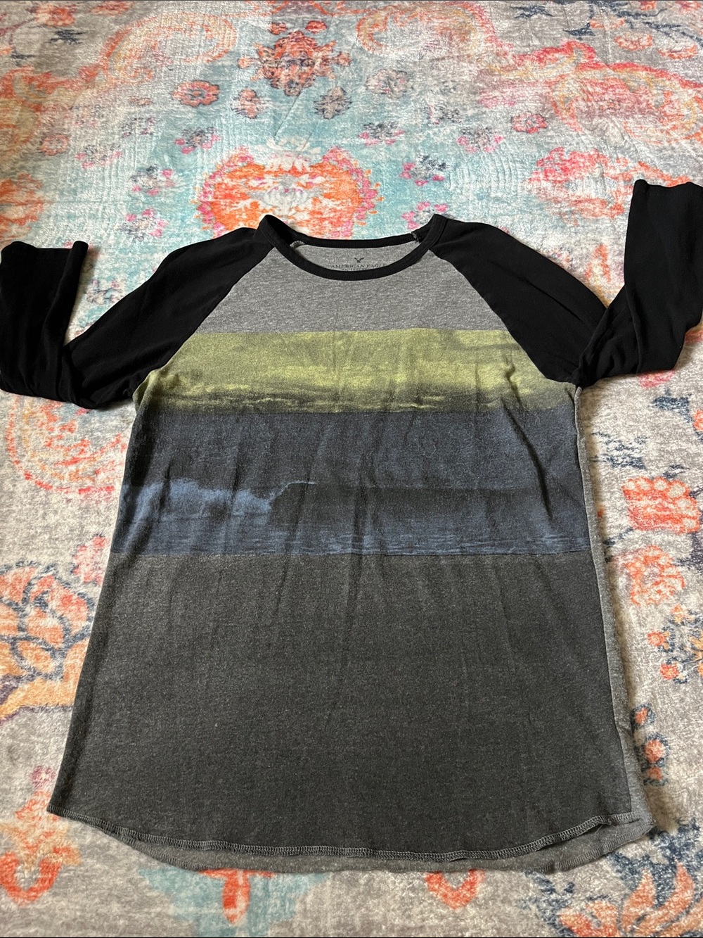 American Eagle Outfitters Black Raglan Shirt with Gray and Olive Stripes